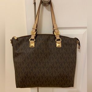 Michael Kors Signature Satchel Handbag Brown Khaki Gold Trim